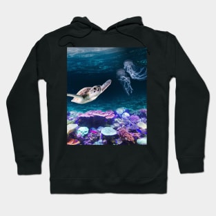 Sea Turtle swimming near Coral Reefs and Jellyfish Hoodie